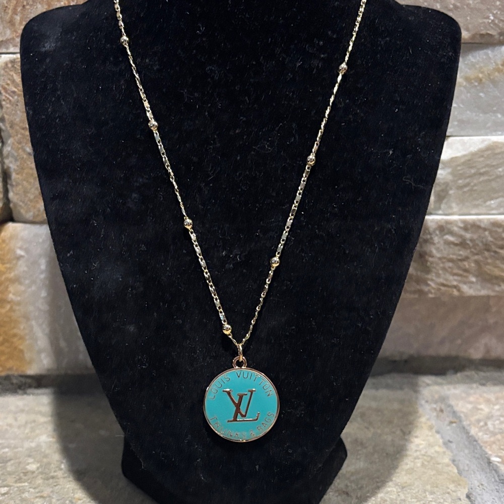 Gold Chain Necklace with Turquoise Logo Pendant
